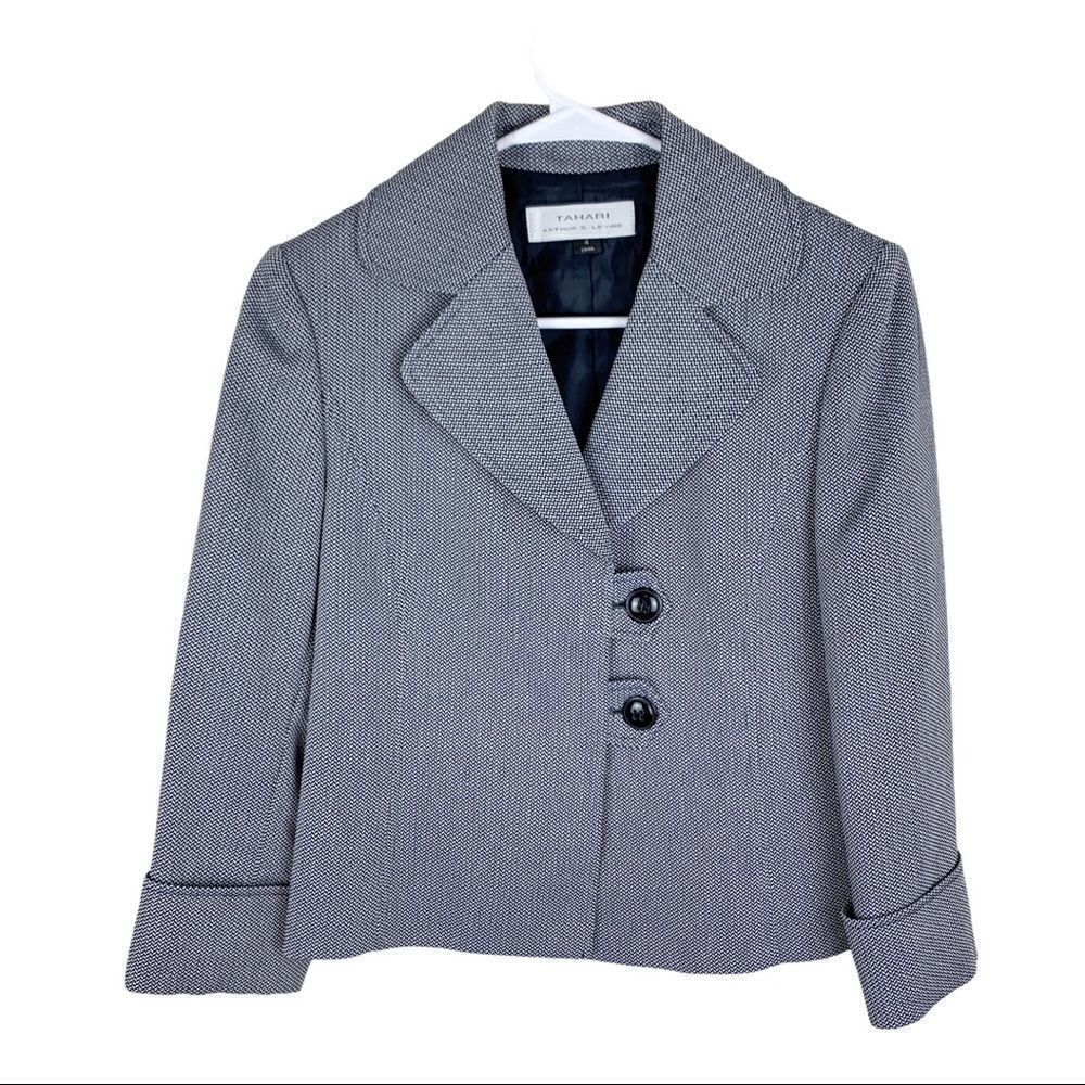 Tahari Tweed‎ Black/White Crop 2 Button Career Blazer Sz 4